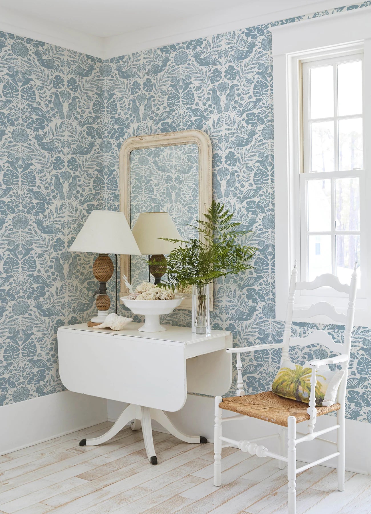Nestle Blue Bird Block Print Wallpaper (Blue)