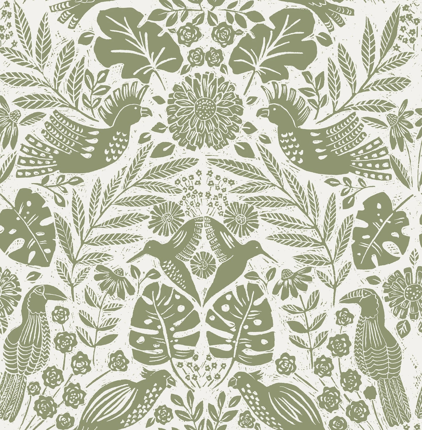Nestle Blue Bird Block Print Wallpaper (Green)