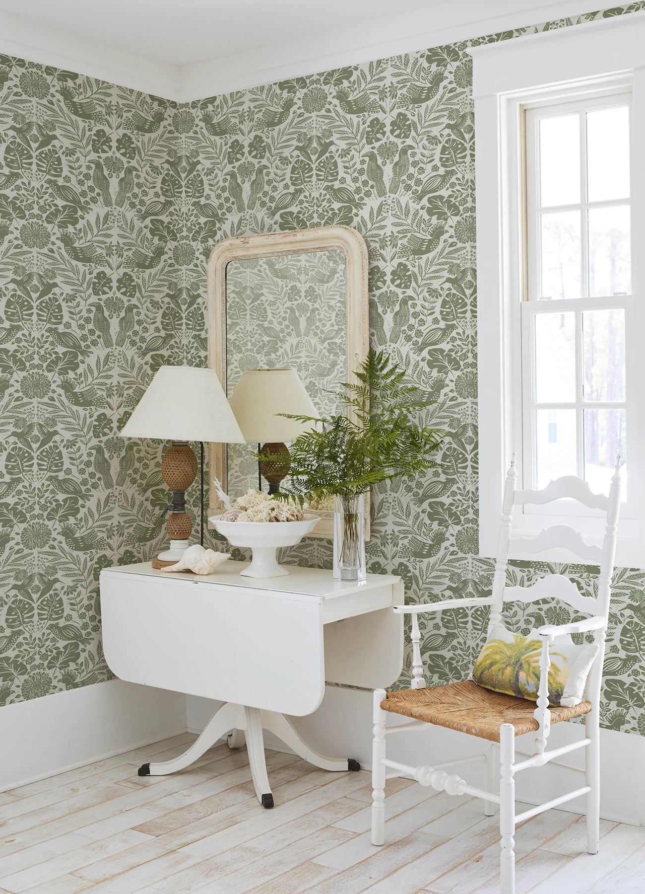 Nestle Blue Bird Block Print Wallpaper (Green)