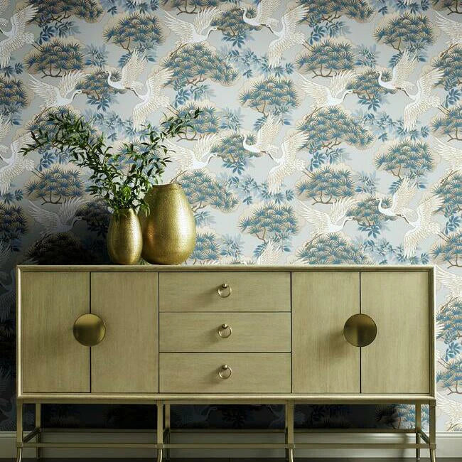 Sprig & Heron Wallpaper (Light Blue)