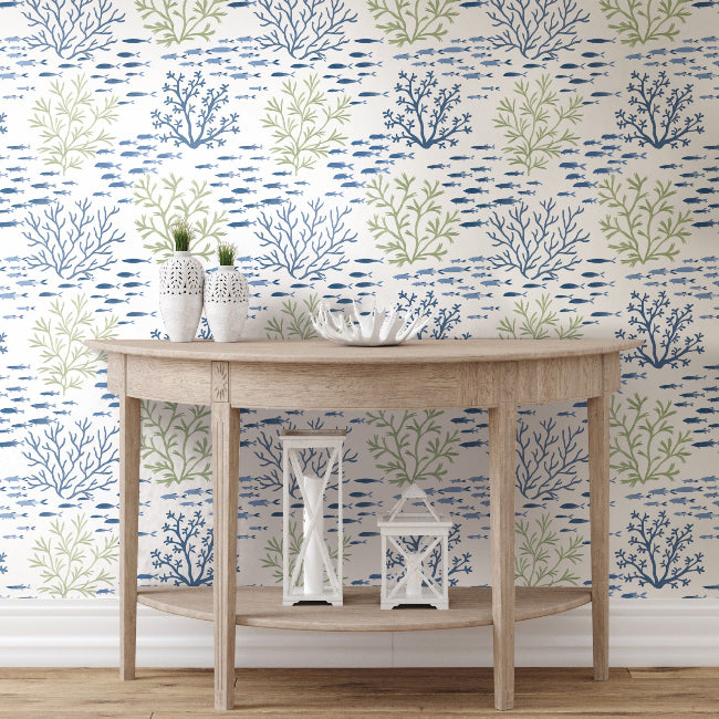 Marine Garden Wallpaper- Fern/Cobalt