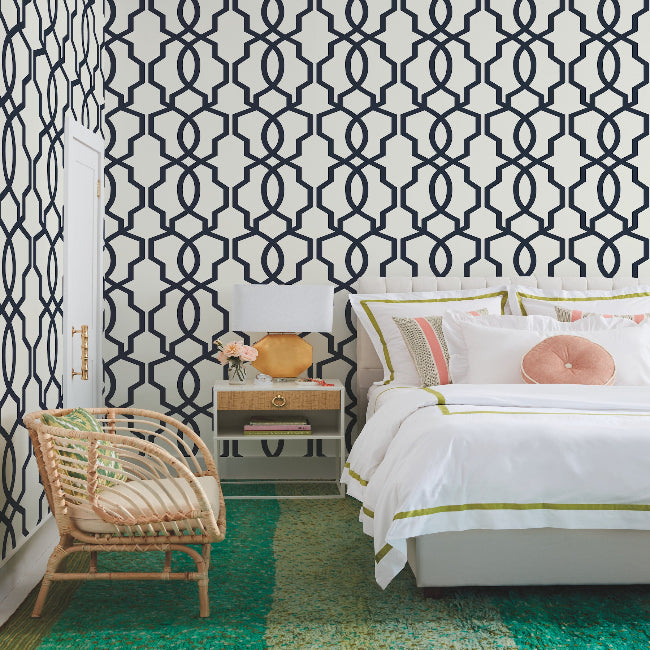Hourglass Trellis Wallpaper- Navy/White