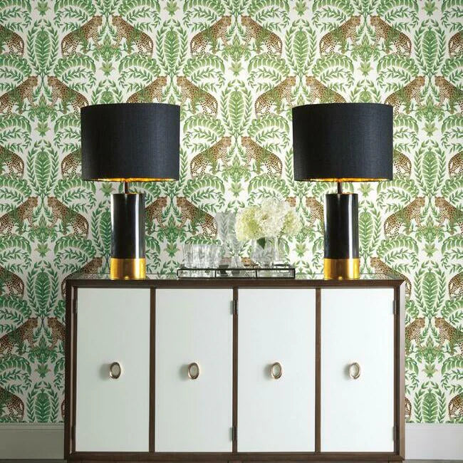 Jungle Leopard Wallpaper (White/Green)