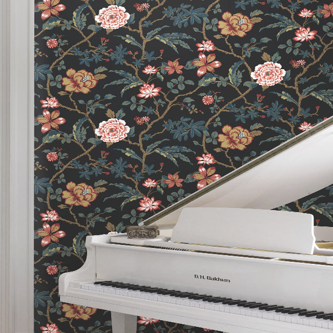 Courtyard Botanical Wallpaper- Scarlet