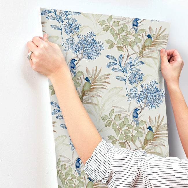Handpainted Songbird Wallpaper- Green/Blue