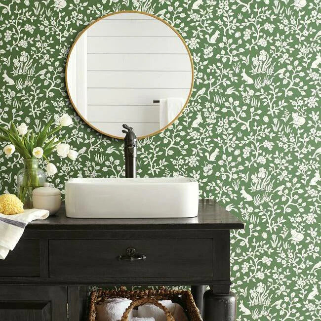Fox & Hare Wallpaper (Forest Green )