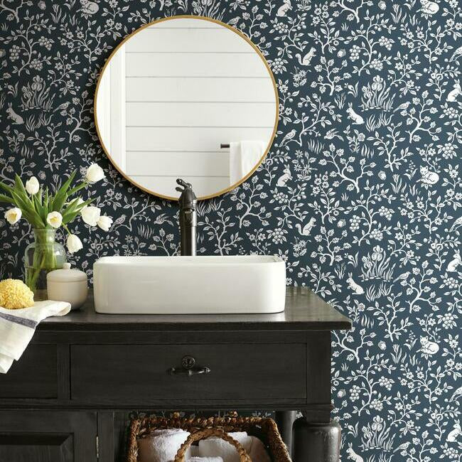 Fox & Hare Wallpaper (Navy )