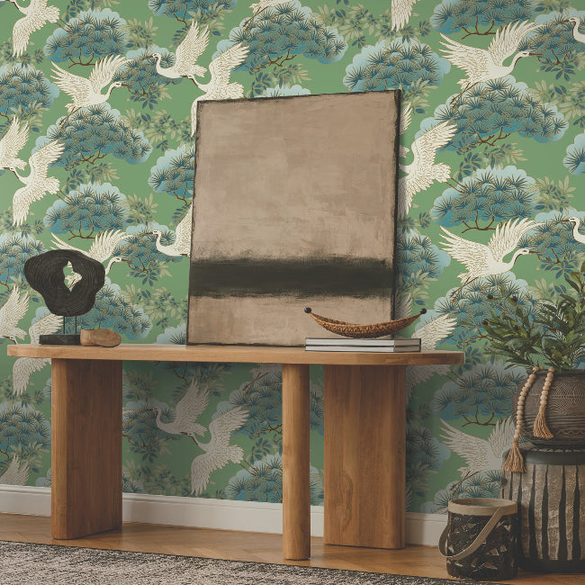 Sprig and Heron Wallpaper- Green
