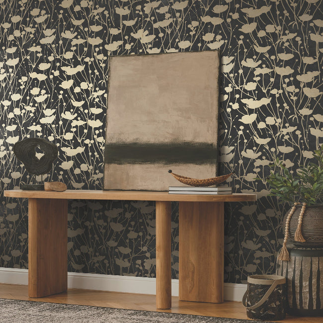 Shimmering Poppies Wallpaper- Black & Gold