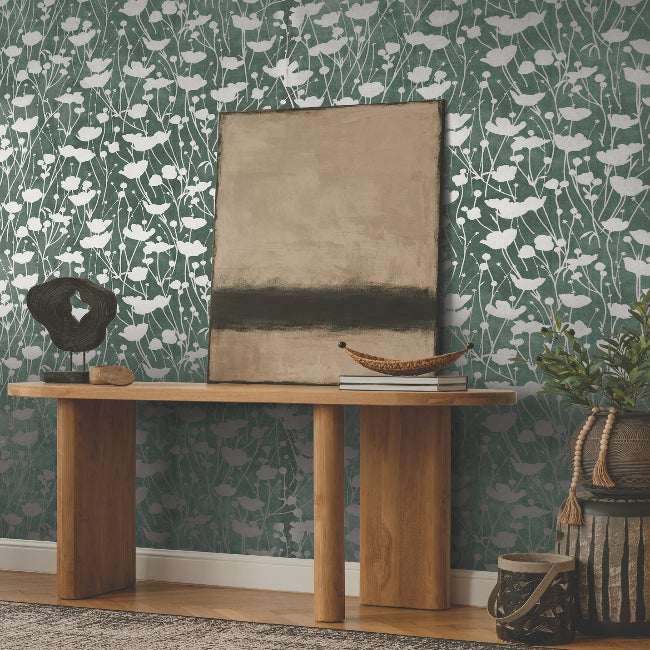 Shimmering Poppies Wallpaper- Green & Silver
