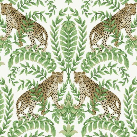 Jungle Leopard Wallpaper (White/Green)