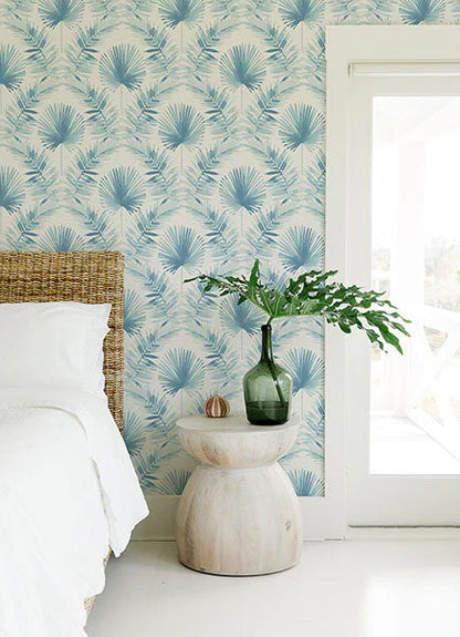 Calla Green Painted Palm Wallpaper (Blue)