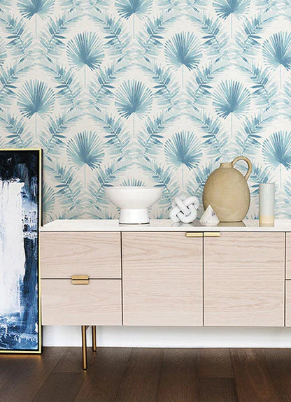 Calla Green Painted Palm Wallpaper (Blue)