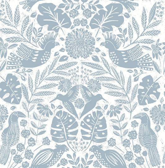 Nestle Blue Bird Block Print Wallpaper (Blue)