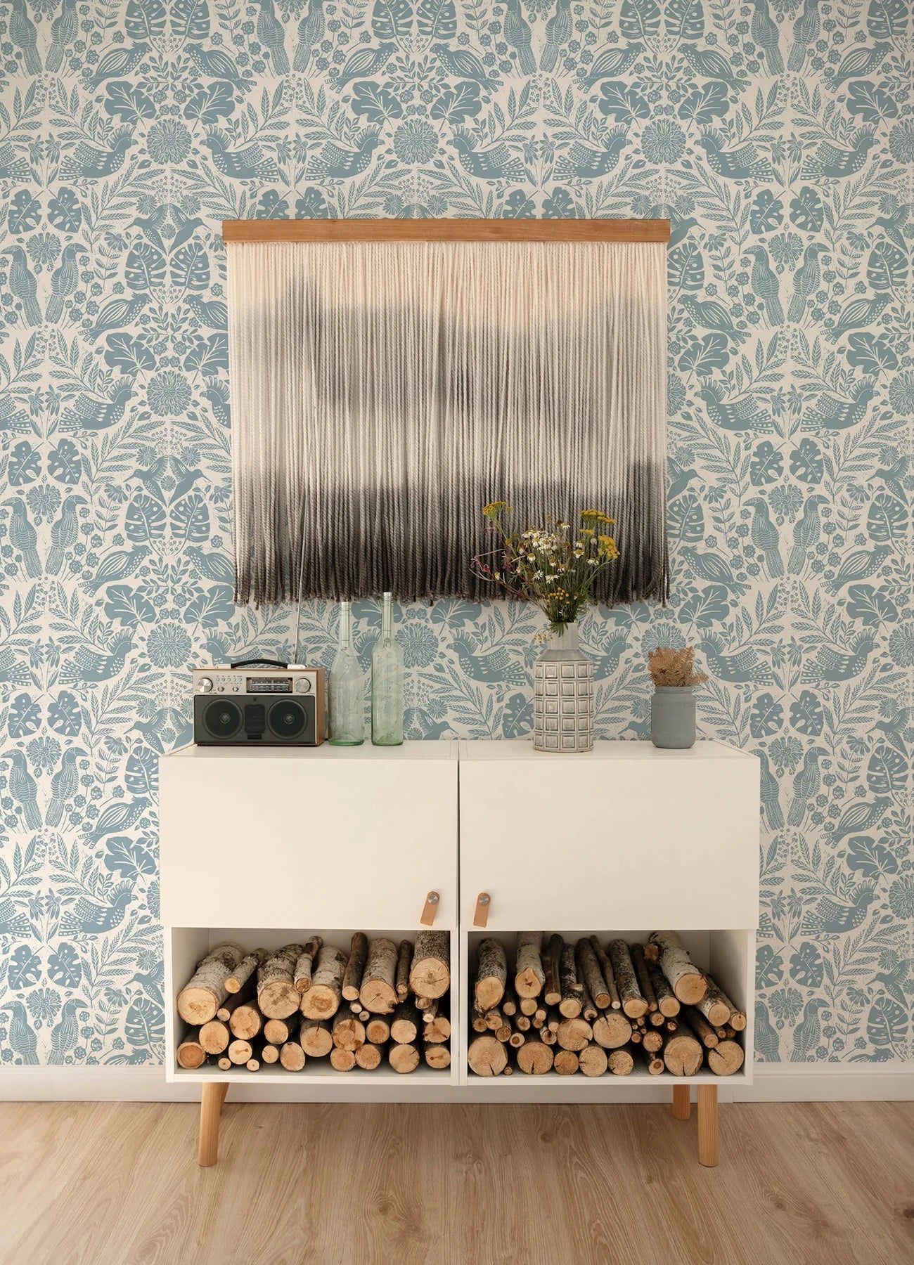 Nestle Blue Bird Block Print Wallpaper (Blue)