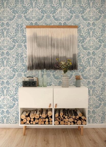 Nestle Blue Bird Block Print Wallpaper (Blue)