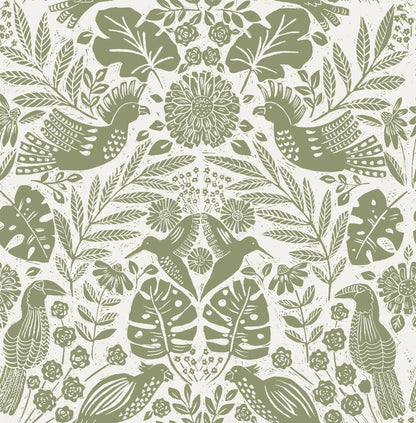 Nestle Blue Bird Block Print Wallpaper (Green)