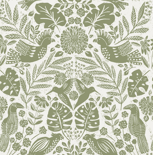 Nestle Blue Bird Block Print Wallpaper (Green)