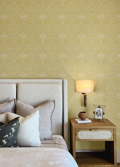 Mara Light Grey Tulip Ogee Wallpaper (Yellow)