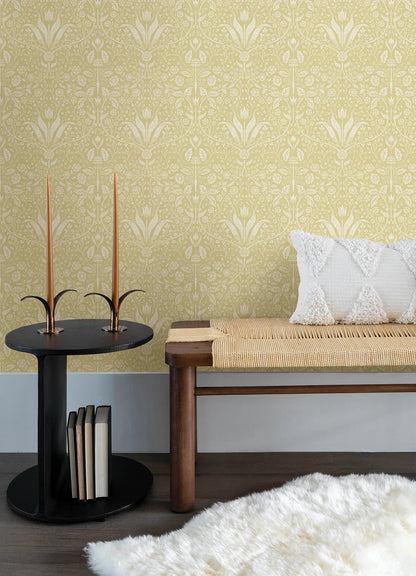 Mara Light Grey Tulip Ogee Wallpaper (Yellow)