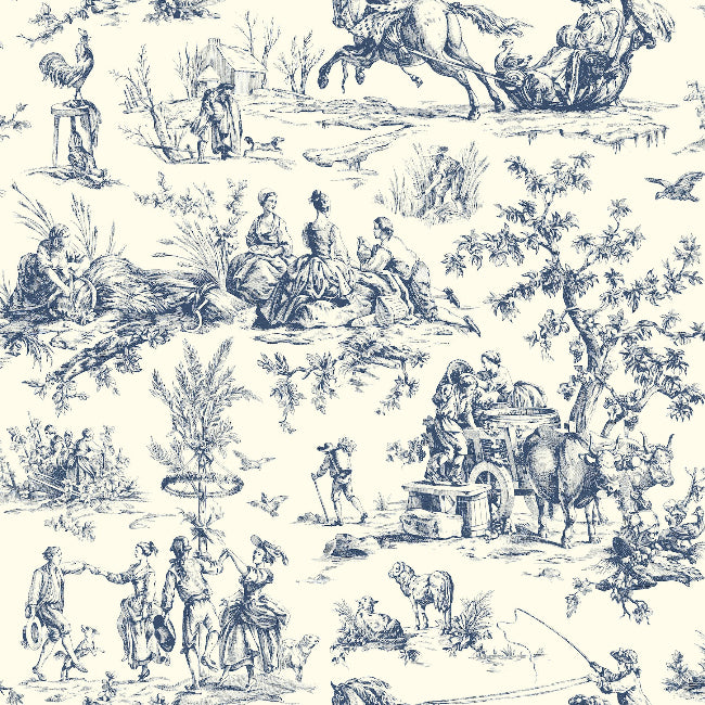 Seasons Toile Wallpaper- Navy