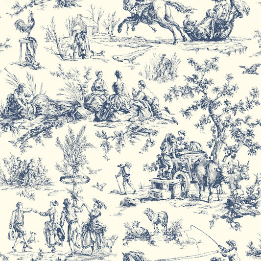 Seasons Toile Wallpaper- Navy
