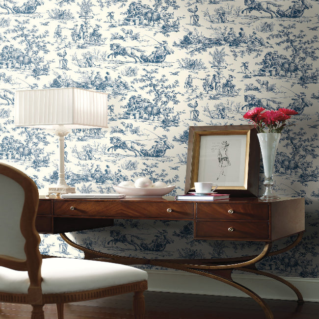 Seasons Toile Wallpaper- Navy