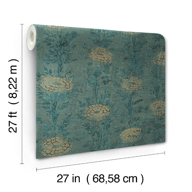 French Marigold Wallpaper- Teal Green/Gold