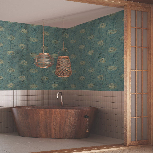 French Marigold Wallpaper- Teal Green/Gold