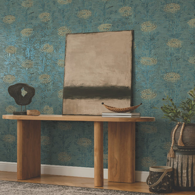 French Marigold Wallpaper- Teal Green/Gold