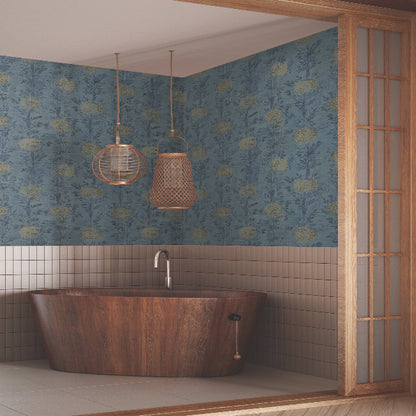 French Marigold Wallpaper- Denim/Gold