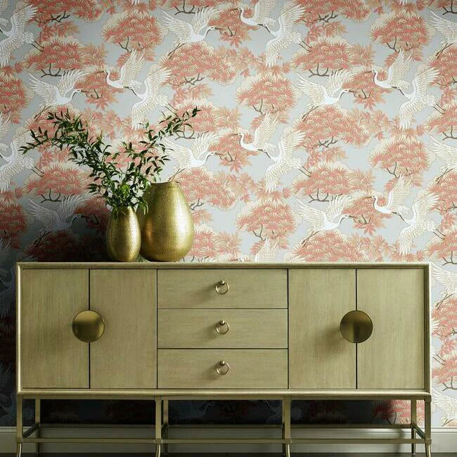 Sprig & Heron Wallpaper (Coral)