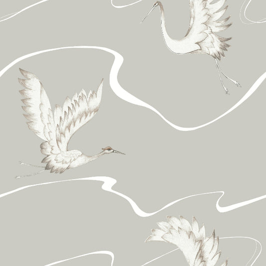 Soaring Cranes Wallpaper- Taupe
