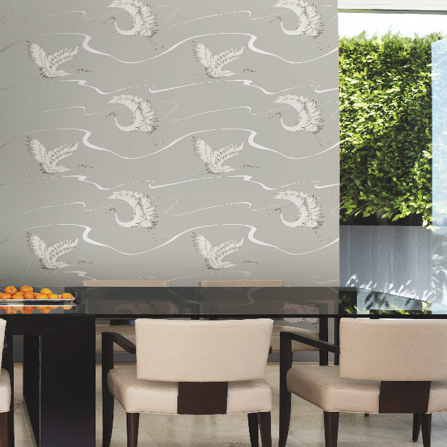 Soaring Cranes Wallpaper- Taupe
