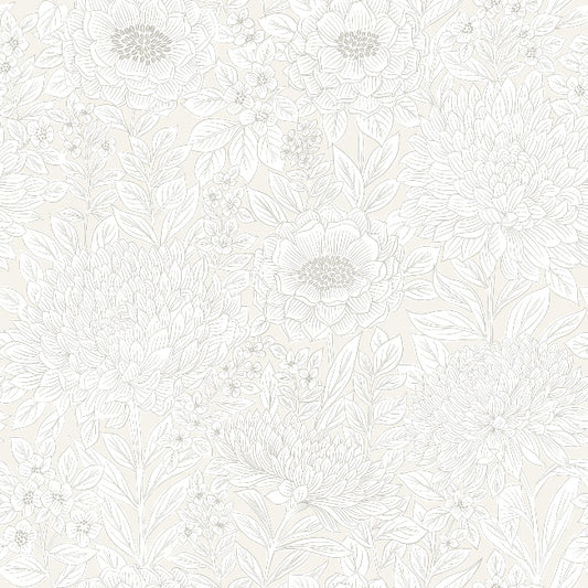 Wood Block Blooms Wallpaper- Cream/Glint