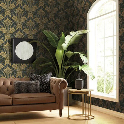 Nouveau Damask Wallpaper (Black/Gold)