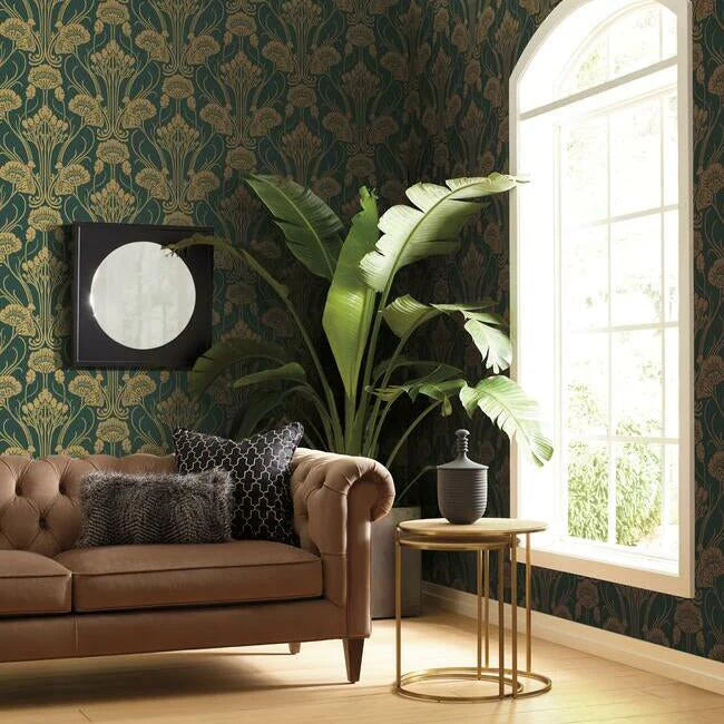 Nouveau Damask Wallpaper (Dark Emerald/Gold)