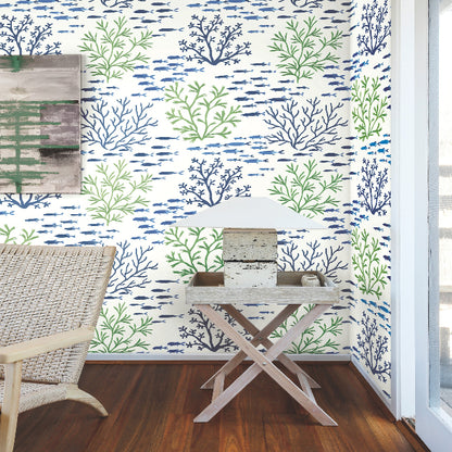 Marine Garden Wallpaper- Fern/Cobalt