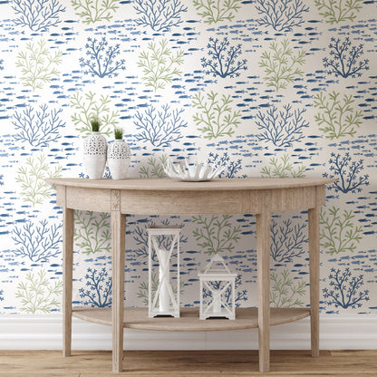 Marine Garden Wallpaper- Fern/Cobalt