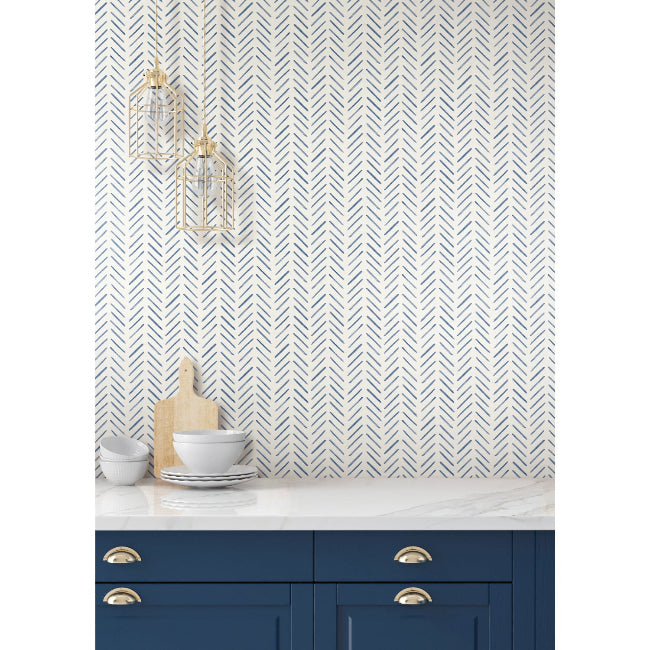 Painted Herringbone Wallpaper- Navy