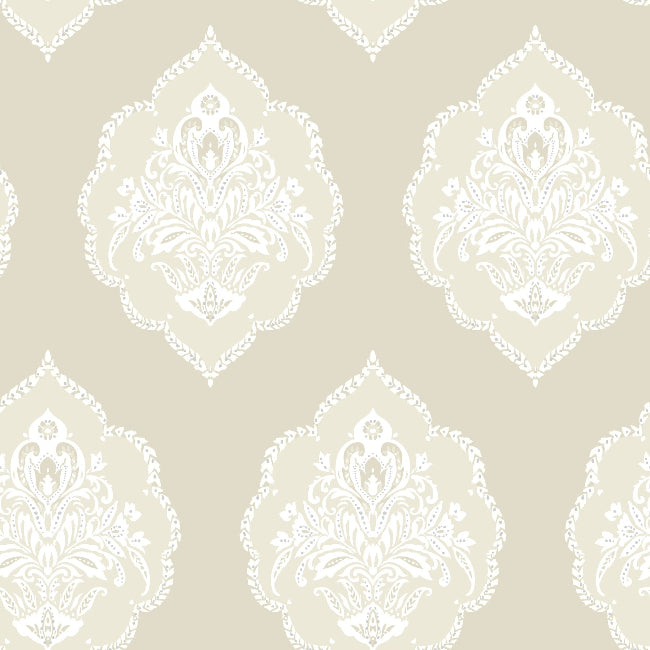 Signet Medallion Damask Wallpaper- Beige