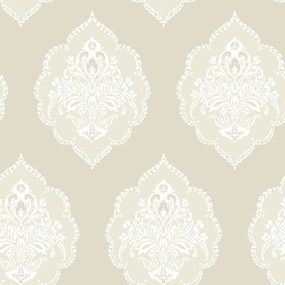 Signet Medallion Damask Wallpaper- Beige