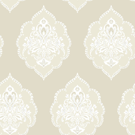 Signet Medallion Damask Wallpaper- Beige