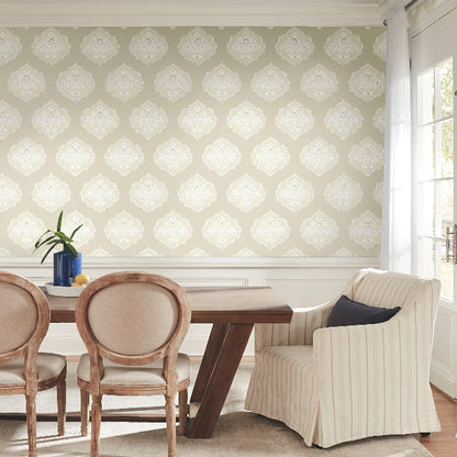 Signet Medallion Damask Wallpaper- Beige