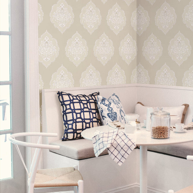 Signet Medallion Damask Wallpaper- Beige