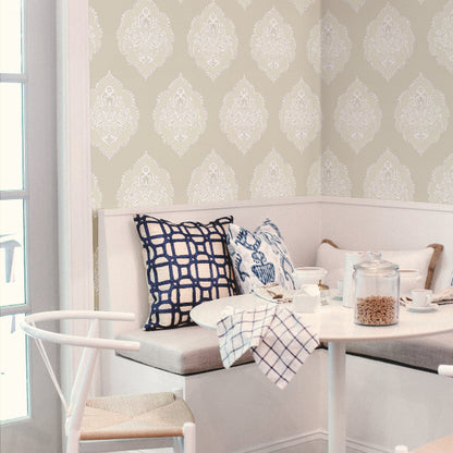 Signet Medallion Damask Wallpaper- Beige