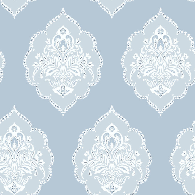 Signet Medallion Damask Wallpaper- Sky
