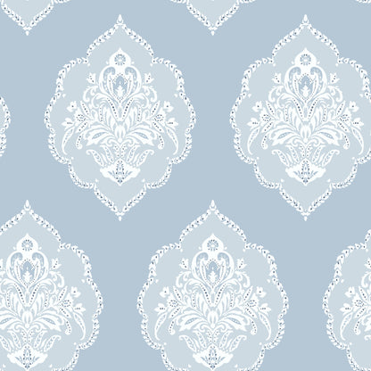 Signet Medallion Damask Wallpaper- Sky