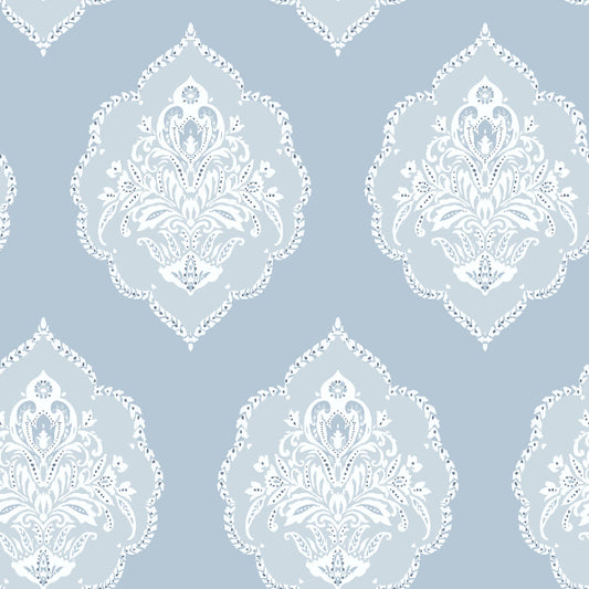 Signet Medallion Damask Wallpaper- Sky