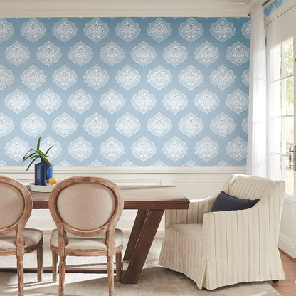 Signet Medallion Damask Wallpaper- Sky